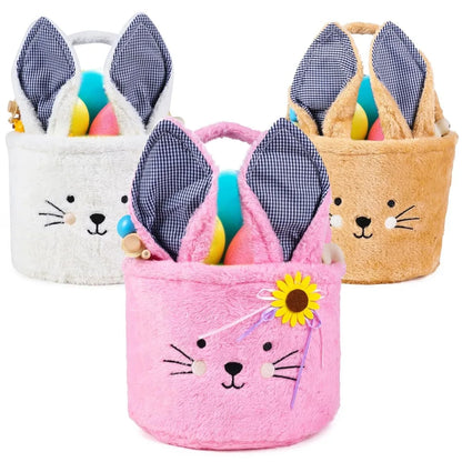 Easter Egg Hunt Plush Bucket Bags for Baby Boys Girls Candies Storage Basket Easter Party Gifts Pink Brown White