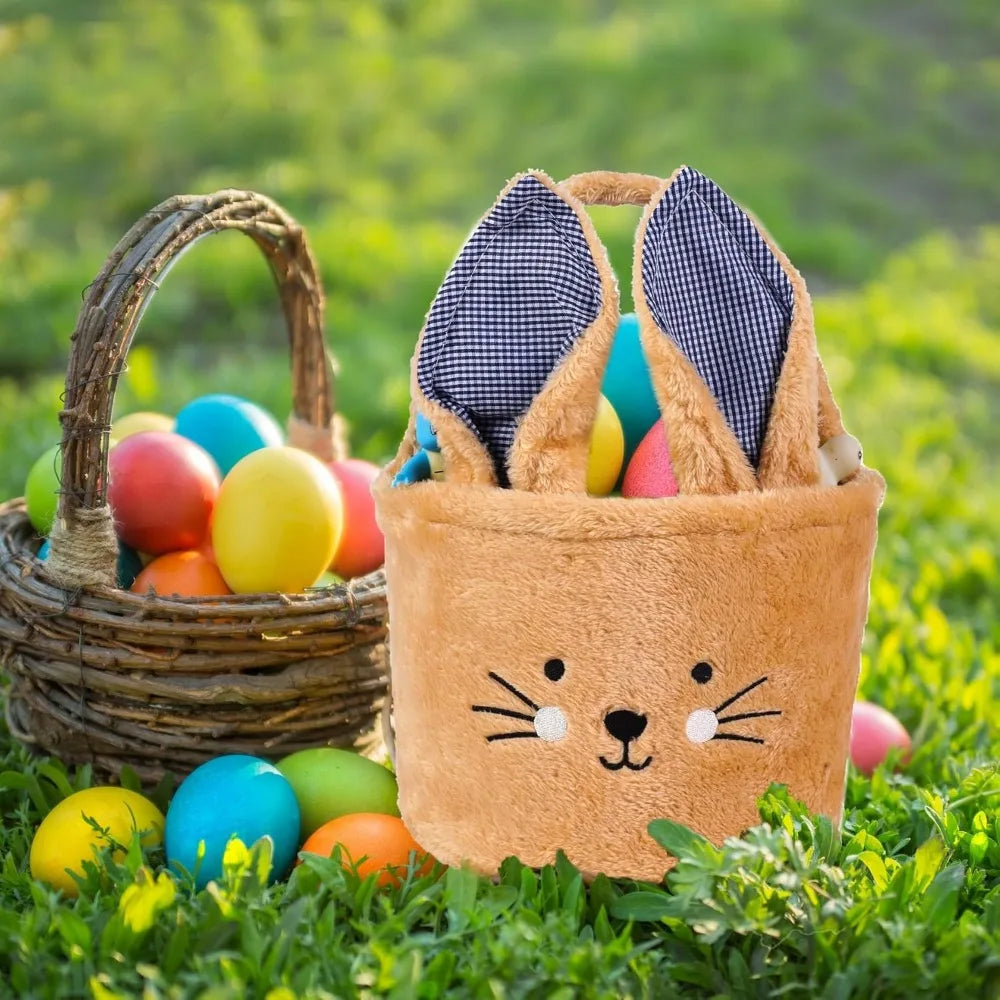 Easter Egg Hunt Plush Bucket Bags for Baby Boys Girls Candies Storage Basket Easter Party Gifts Pink Brown White