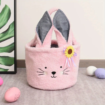 Easter Egg Hunt Plush Bucket Bags for Baby Boys Girls Candies Storage Basket Easter Party Gifts Pink Brown White